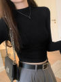 Hot Girl Slim Fit Slimming Long Sleeves T Women's Autumn T-shirt 2023 New Half Turtleneck Short Pleating Bottoming Shirt Top.