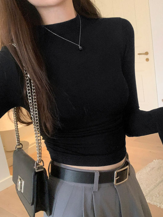 Hot%20Girl%20Slim%20Fit%20Slimming%20Long%20Sleeves%20T%20Women's%20Autumn%20T-shirt%202023%20New%20Half%20Turtleneck%20Short%20Pleating%20Bottoming%20Shirt%20Top%20-%20Image%203