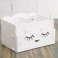 Smiling face wooden white cosmetics organizer, clean desk and desk. 