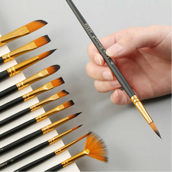 Keep Smiling Professional Artist Paint Brush Set of 12 Different Shapes Multi Functional for Canvas, Watercolor, Oil and Acrylic Painting - Black/Gold