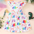 GC Baby Girls Summer Casual Skirt Toddler Fly Sleeve Cartoon Dinosaur Print Dress Round Neck A Line Dresses. 