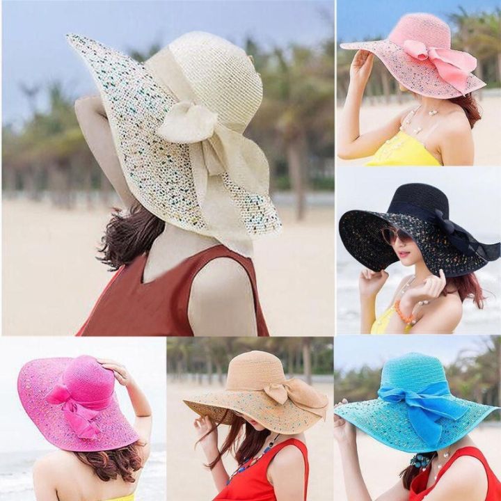 Women Colorful Big Brim Straw Bow Hat Sun Floppy Wide Brim Hats Beach Cap