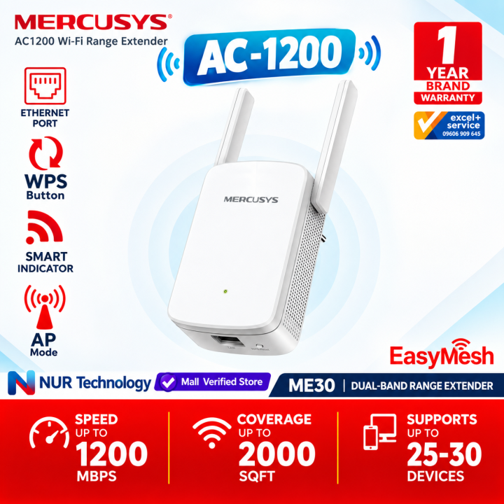 MERCUSYS ME30 AC1200 Mbps IEEE 802.11a/n/ac 5 GHz, IEEE 802.11b/g/n 2.4 GHz Dual-Band Mesh Wireless Range Extender Free delivery