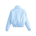 Women Short Puffer Jacket, Adults Solid Color Long Sleeve Stand Collar Outerwear with Pockets. 