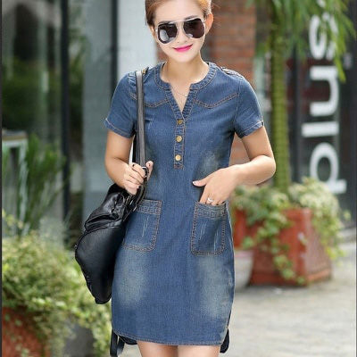 Plus%20Size%205XL%20Summer%20Style%20Denim%20Dresses%20Women%20V-Neck%20Short%20Sleeve%20Slim%20Jeans%20Dress%20With%20Pockets%20Vestidos%20Women%20Clothing%20-%20Image%202