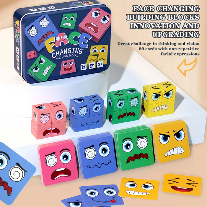 Kids' Face Change Expression Puzzle Building Blocks Montessori Cube Table Game Toy Early Educational Toys for Children Gifts