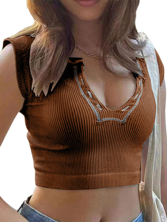 Women%20Short%20Top%20Shirt,%20Long%20Sleeve%20Patchwork%20Ribbed%20Front%20Button%20V-Neck%20Cropped%20Tops,%20Ladies%20Spring/Summer%20Slim%20Navel%20Shirt%20-%20Image%204