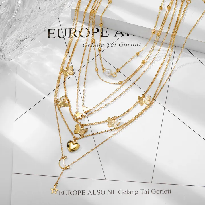 6%20Pcs/set%20Pendant%20%20Necklace%20Creative%20Personality%20Multi-layer%20erflies%20Moon%20Peach%20Heart-shaped%20Pendant%20color:old%20-%20Image%208