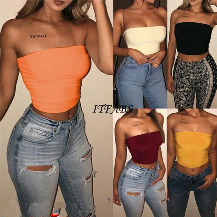 Women Off Shoulder Elastic Tube Tops Bra Blouse Strapless Bandeau Crop Top Shirt