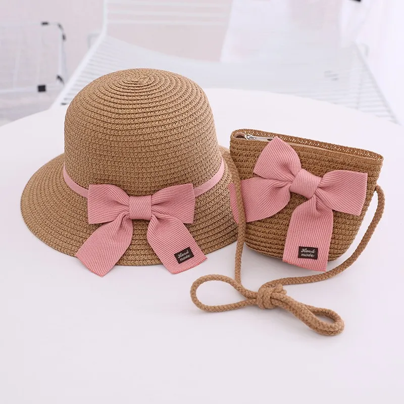 Girls Summer Cap With Shoulder Bag Pink Yellow Bowknot Outdoor Sun