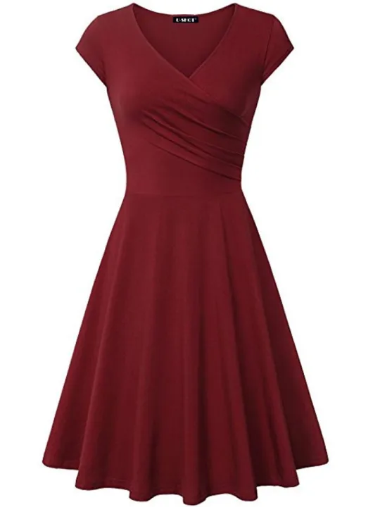 Female%20Solid%20Dress%20Knee-Length%20Short%20Sleeve%20Summer%20Empire%20Pleated%20Dresses%20A-line%20V-neck%20Simple%20Laides%20Casual%20Club%20Party%20Dress%20-%20Image%205