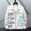 Men Letters Printed Denim Jacket Painted White Jean Coat Streetwear Casual Top Outerwear. 