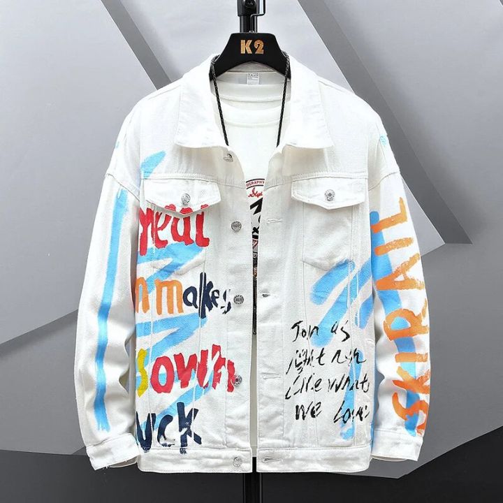 Men Letters Printed Denim Jacket Painted White Jean Coat Streetwear Casual Top Outerwear