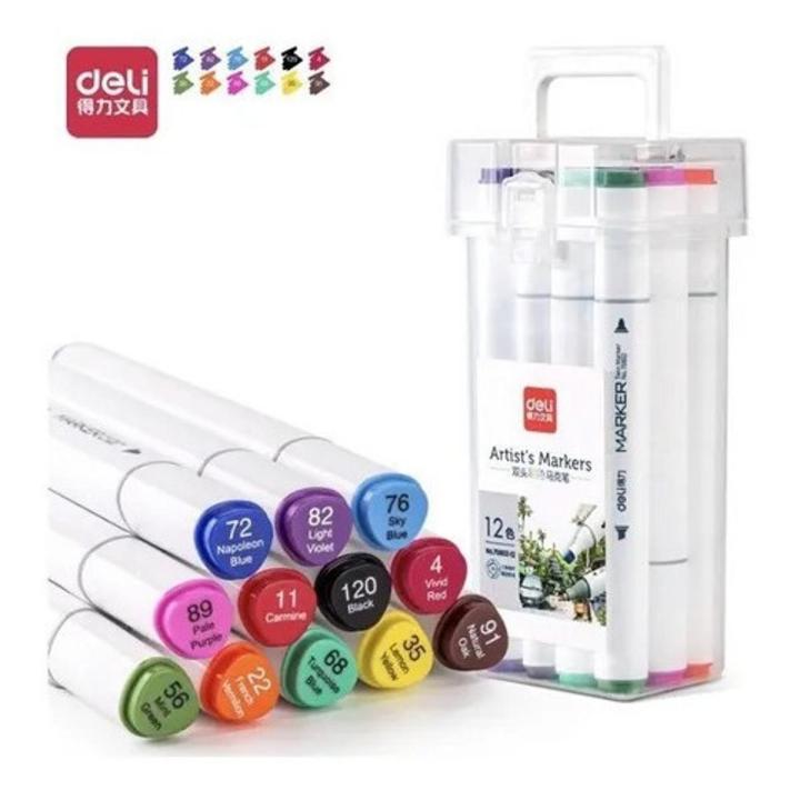 Deli E70803-12 Sketch marker Dual Tip Art Marker, Brush and Chisel, Sketch Marker for Painting Sketching Calligraphy Drawing, Colouring Marker Pens for Sketching 12 Colours