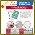 Sticker Photo Paper Glossy Self Adhesive A4 size 135gsm Pack of  50 Pcs for Inkjet printer. 
