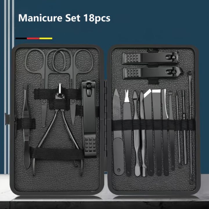【Customizable】 7/10/18 Pcs Classic Black Manicure Set Hand Feet Facial Stainless Steel Accessories, All Black Nail Clippers