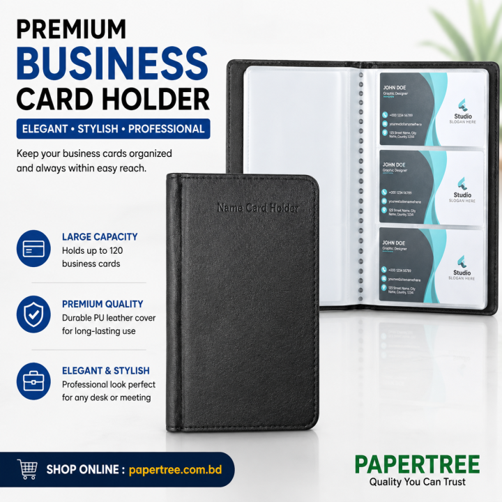 Premium Business Card Holder Black Cover Elegant Desk Organizer for Office Supplies