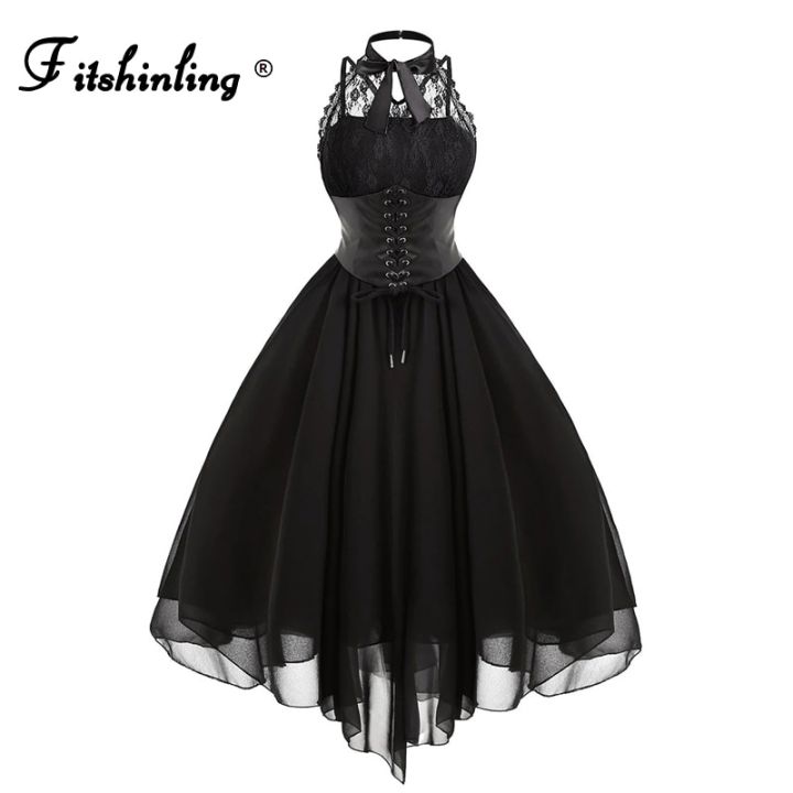 Fitshinling Gothic Ball Gown Party Dresses For Women Halter Lace Patchwork Sleeveless Vestidos Bow Tie Corset Short Midi Dress