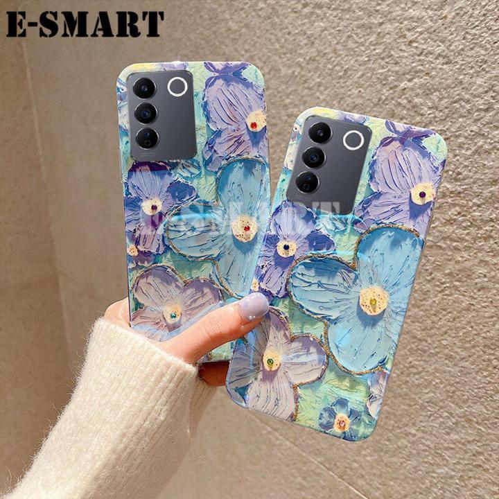 Phone Case For VIVO V27 V27E Back Cover Soft Blue-Ray Oil Painting Flowers Silicone Cases for VIVO V27E V27 Back Cover