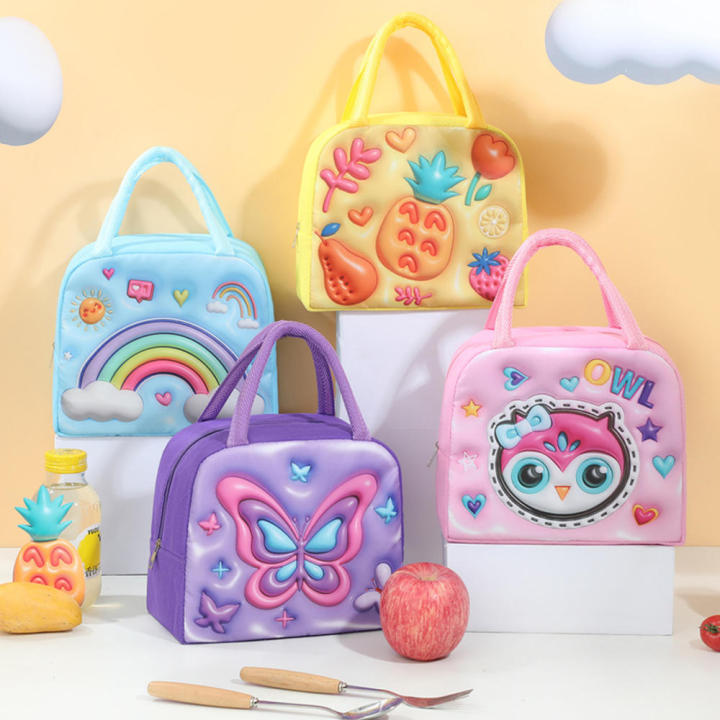 Handheld Lunch Bag Vibrant 3D Cartoon Print Thickened Insulated Lunch Box Thermal Insulated Large Capacity Cartoon Pattern