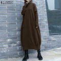 ZANZEA Womens Long Sleeve Mock Neck Casual Loose Midi Dress Kaftan Baggy Dresses #8.