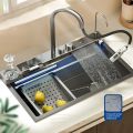 Waterfall Sink Basin Large Single Slot Digital Display 304 Stainless Steel Sink With Waterfall Faucet For Kitchen Renovation.