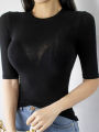 Solid Thin See Through T Shirt Women Cotton Short Sleeve Slim Basic Korean Style Clothes Tee Shirt Femme 2024 Summer Top. 