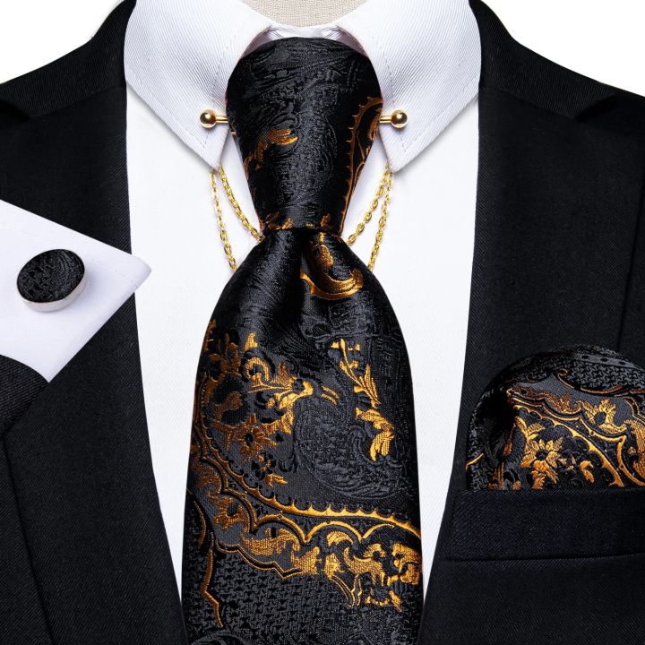 Luxury Black Gold Paisley Silk Ties For Men 8cm Men's Wedding Neck Tie Pocket Square Cufflinks Set Collar Pin Men's Gift