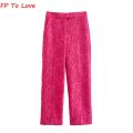 Rose Hot Pink Wide Leg Pants Straight Woman Elegant Long Trousers PB ZA Female Zipper 1971240. 