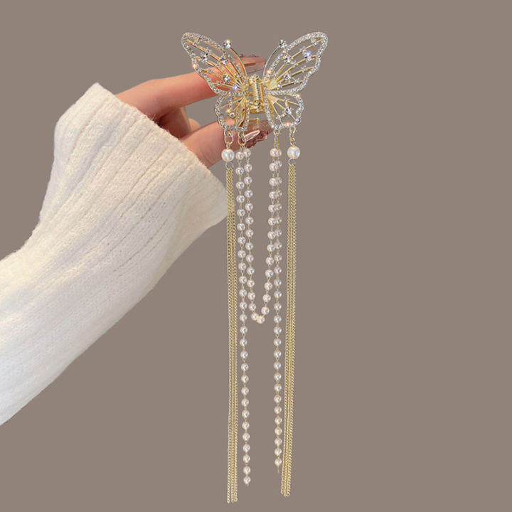 Pearl Tassel Butterfly Hair Claw Vintage Long Pendant Hair Clips Fashion Girl Hair Accessories