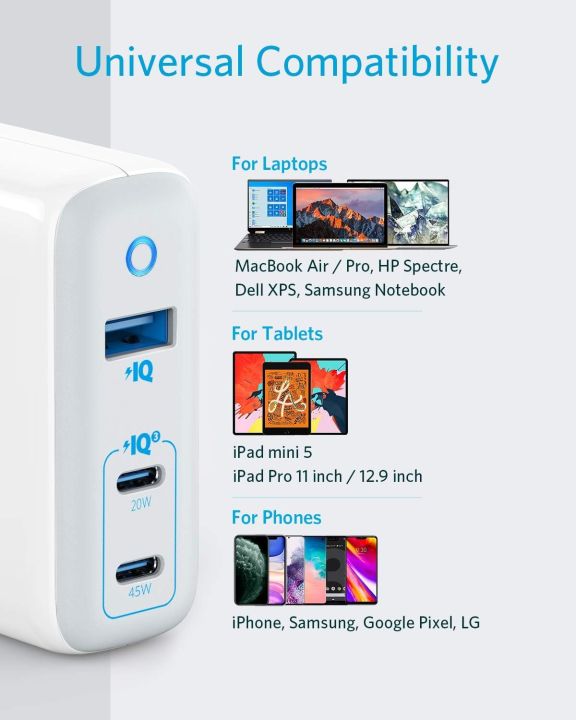 Anker PowerPort III 3 Port 65W Elite Charger (A2034) White For iPad MacBook iPhone Google Pixel LG Laptop