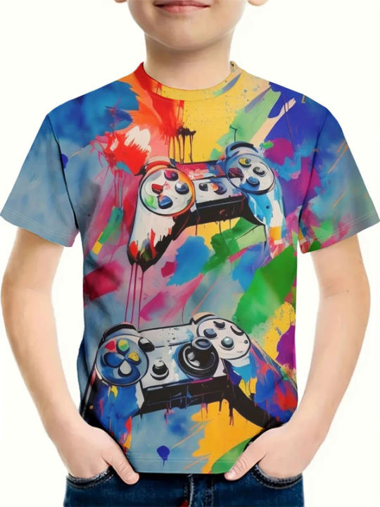 Kids gamepad with color paint 3D print boy's T-shirt crew neck short sleeve t-shirt for boy casual top for summer cool T shirt