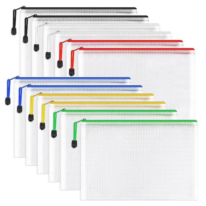 12Pcs Mesh Zipper Pouch Document Bag Plastic Zip File Folders, Letter Size/A4 Size for Office Supplies