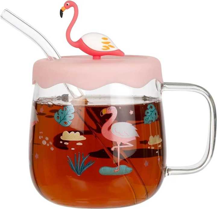 Voix Glass Cute Printed Cup Mug with 3D Flamingo Character,Handle, Straw  and Rubber Lid, Birthday Gift Mug for Kids, Youngsters and Adult for  Drinking Milk, Coffee, Smoothie, Tea etc -500 ML (Ball) |