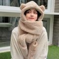 3 in 1 Winter Hat Fashionable Women's Winter Plush Hat Set Cute Bear Ear Shape 3-in-1 Scarf Gloves Neck Warmer Solid Color Warm. 
