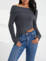 Women's Off Shoulder Sweater, Long Sleeve Solid Color Asymmetrical Hem Knit Tops. 