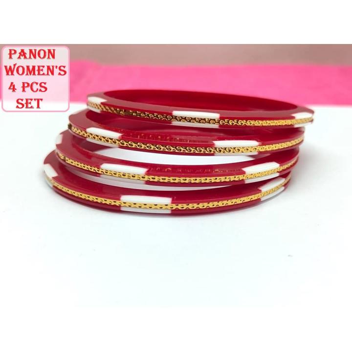 Red White Pola Golden Plated Latest Design Shakha Pola Bangles for Women 4 Pcs , Party , Wedding , Anniversary , Durga Puja & All Time Use Shakha Bangles. C55.