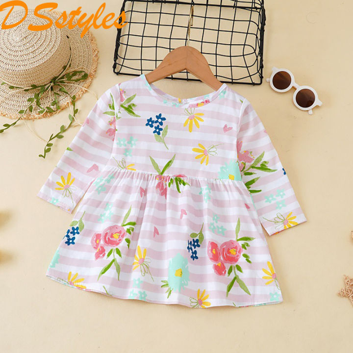 DSstyles Girl's Long Sleeve Dress Toddler Cotton Round Neck Floral Print Princess Dresses Playwear Casual Clothes