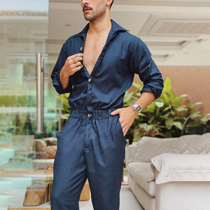 Lounge%20Jumpsuits%20Men%20Mens%20Spring%20And%20Autumn%20Fashion%20Leisure%20Solid%20Color%20Lapel%20Pocket%20Buckle%20Overalls%20Jumpsuit%20Sweat%20Set%20-%20Image%203