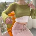 Vintage 90s Knitted Crop Tops Women Fashion Flared Long Sleeve Round Neck Pullovers Sweater Harajuku E-girl Aesthetic Streetwear. 