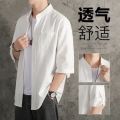 linen shirt men's solid color shirt loose men's Chinese style summer cotton linen men's casual jacket seven rui silver. 