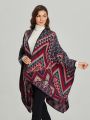 Fashion Imitation Cashmere Women Geometric Vintage Poncho Split Scarf Winter Warm Shawl Wrap Female Knitted Cloak Thick Blanket.