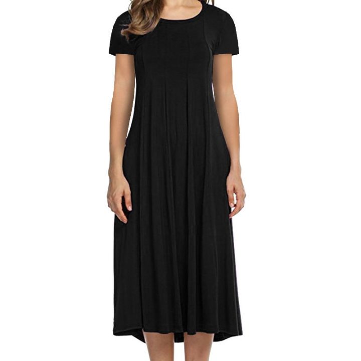 2022%20Four%20Seasons%20Women's%20New%20Round%20Neck%20Short%20Sleeve%20Solid%20Color%20Swing%20Dress%20Fashion%20Solid%20Color%20Dress%20-%20Image%202