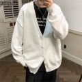 Cardigan Men V-neck Simple Solid Loose Autumn Newly Fashion Kpop Vintage Outwear All-match Leisure Chic Preppy Style Knitted Ins. 