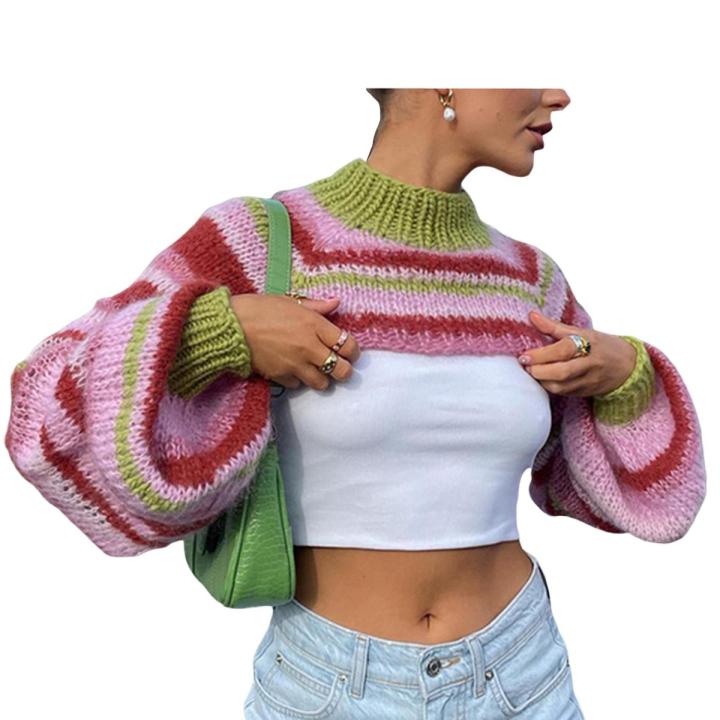 Jumperjuser Women Knitted Shrug Sweater Casual Striped Loose Long Sleeves Half Turtleneck Pullover Crop Tops Streetwear Daraz .bd