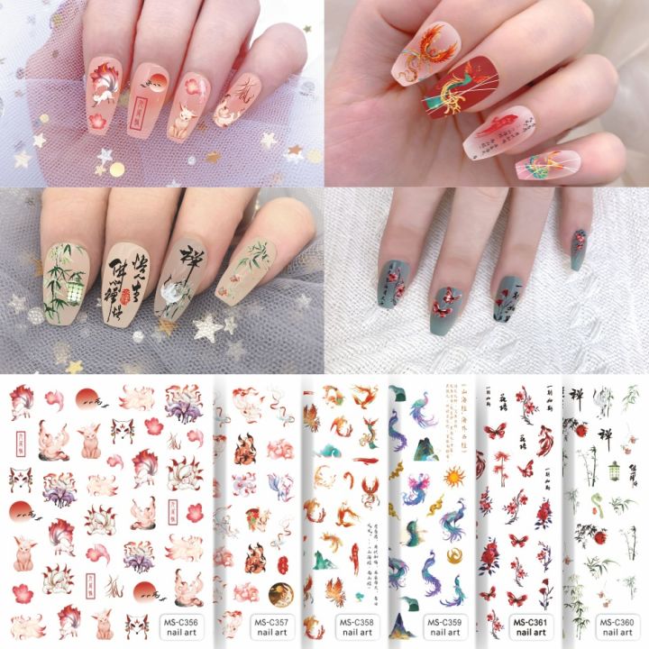 National tide, Chinese ancient style, phoenix, nine-tailed fox demon, bamboo, Dunhuang flying nail art stickers, Tang Dynasty beauties