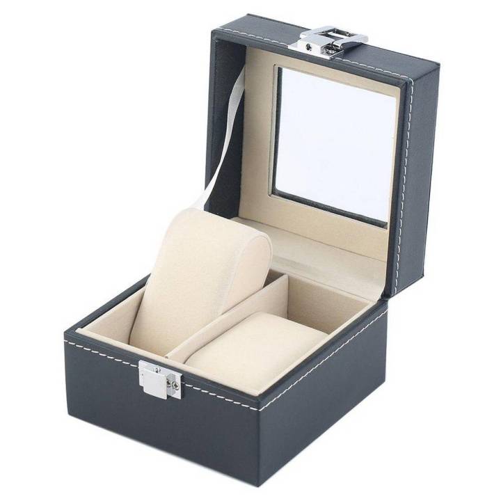 Black Plain Pattern 2 Grid PU Leather Watches Display Case Boxes Storage Box