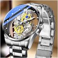 Men's Automatic Movement Watch Round Wrist Watch with Double-sided Hollow for Outside Office Business Meeting.