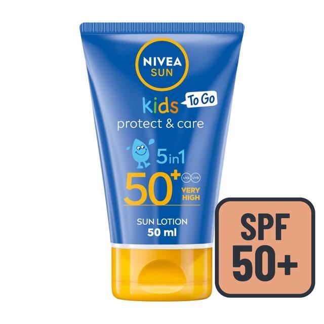 5in1 sun protection that immediately protects children's skin against sunburn & prevents skin dehydration. Pediatrically approved, extra water resistant formula. NIVEA SUN Kids Protect & Care To Go Lotion.