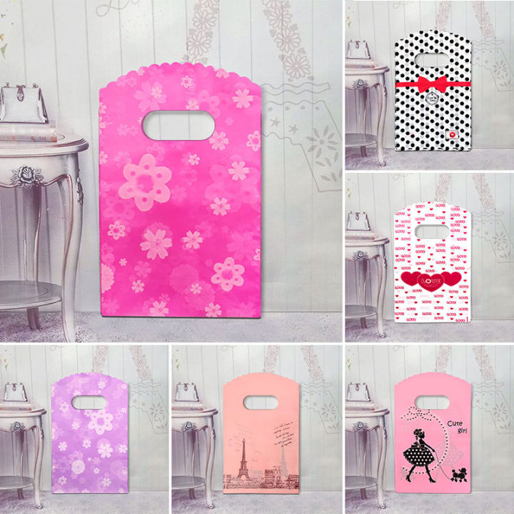 50pcs/lot Multi- Patterns Small Plastic Bag Jewelry Packing Mini Gift Handle Bag Store Small Shopping Bags Christmas Candy Pouch